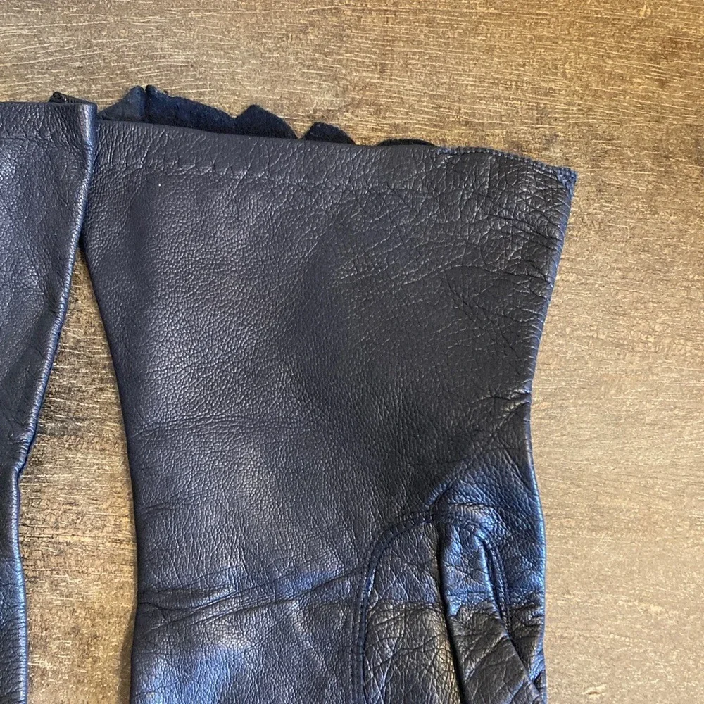 Black Leather Lace Appliqué Gloves Size Large Vintage Look Dark Romantic Classic